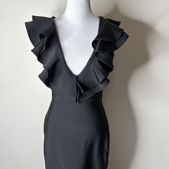 Fashion Nova Black Ruffle Pixie Bandage Midi Dress Pink crepe - Picture 3 of 10